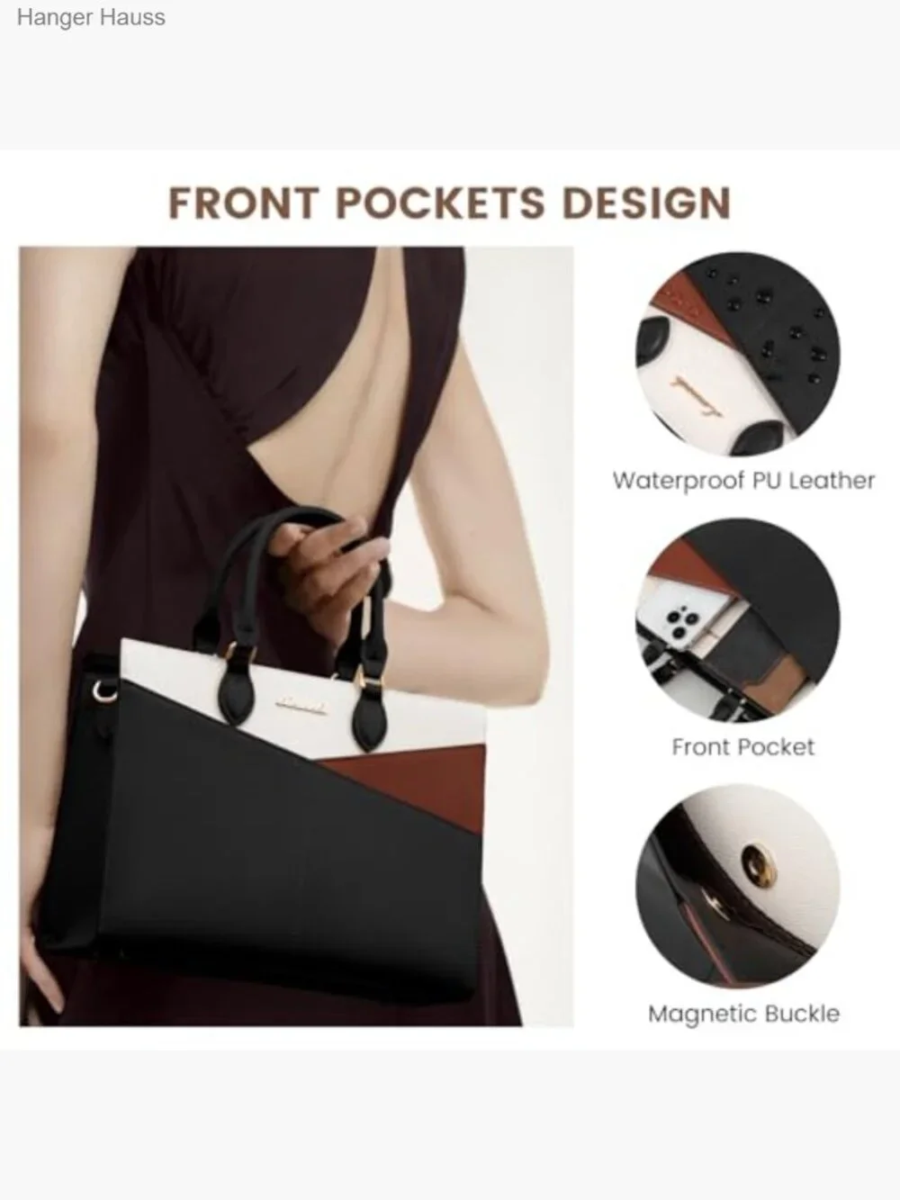 Pu Leather Satchel Handbag Tote Shoulder Crossbody Zipper Closure 6 Pockets